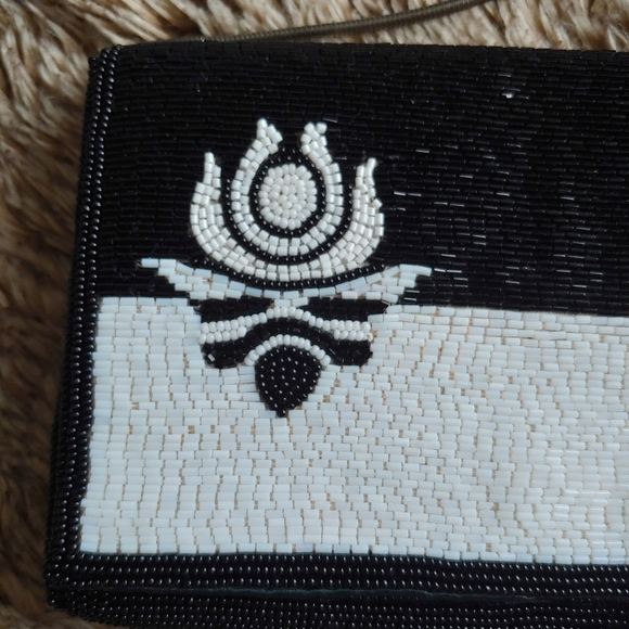 Walborg Vintage 60s Black White Beaded Purse Lotus - Picture 3 of 7